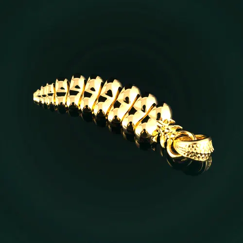A tapered 22 carat gold pendant built from articulated segments with a carved head terminal, on a dark ground.