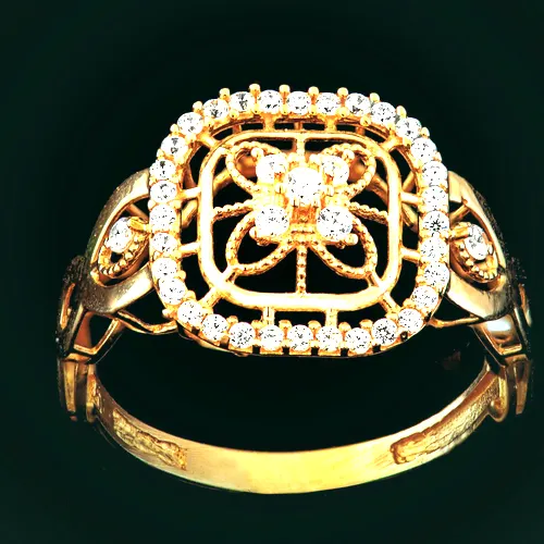 An 18 carat gold cocktail ring with a pierced square top set with small clear stones.